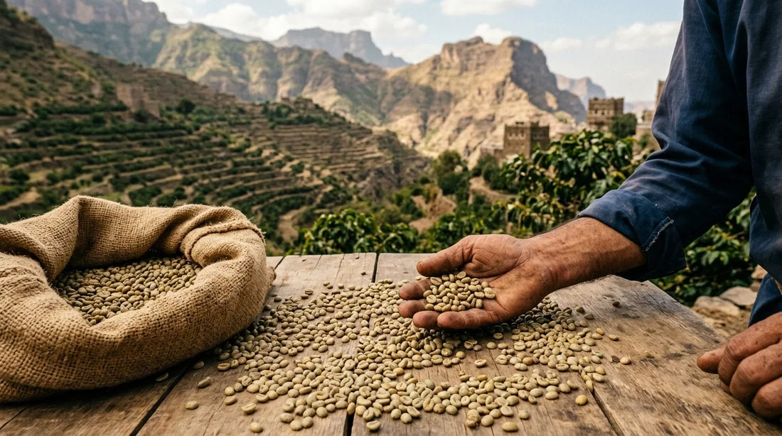 Rohkaffee kaufen: grüne, ungeröstete Kaffeebohnen in einer Holzschale